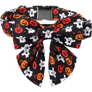 Maca Bates Halloween Dog Collar Spooky Ghost Dogs Collars with Bow Black and White Puppy Colar with Bowtie Adjustable Birthday Gift for XS Small Medium Large XL Girls Boys Male Female Dogs Pet