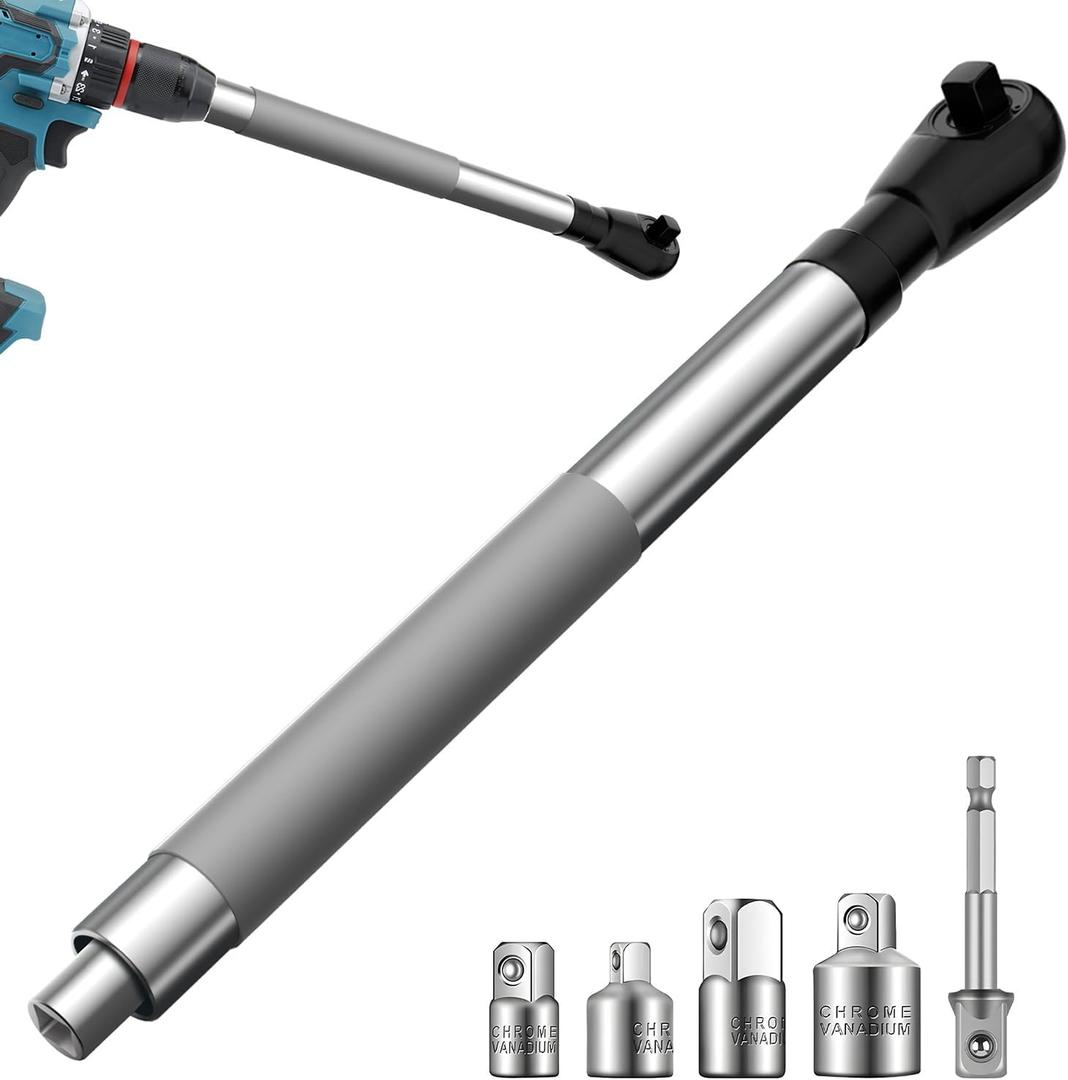Offset Extension Wrench Impact 1/ 2", Right Angle Impact Wrench Extender for Drill, Electric Ratchet Wrench for Tight Spaces, with 4 Socket