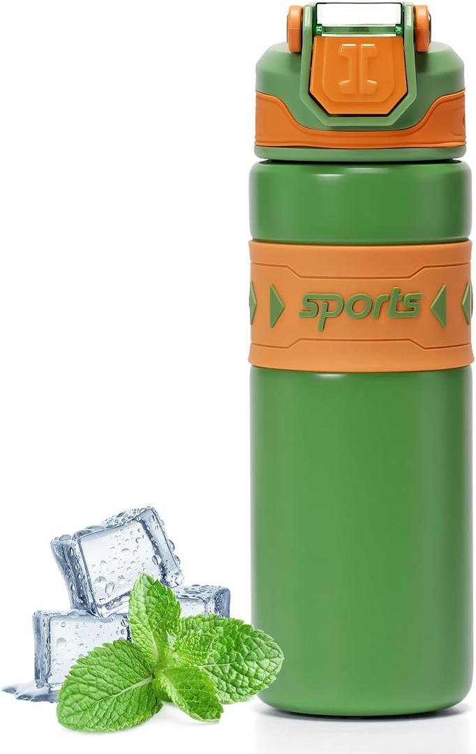 20 oz Insulated Water Bottle With Straw, Stainless Steel Sports Water Bottle Wide Mouth for Sports, Gym or Office, BPA-Free Keep Cold 24H Hot 12H (Green)