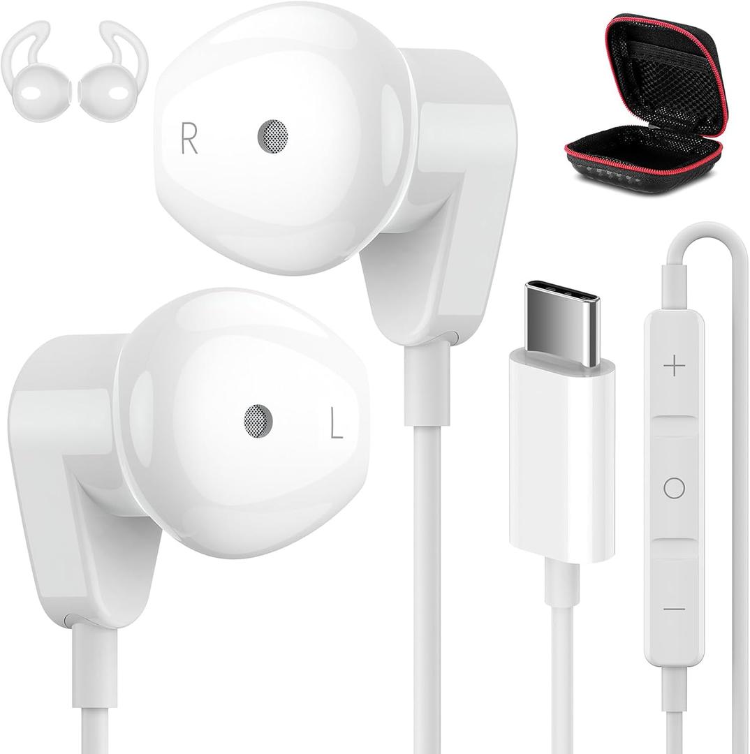 USB C Headphones for iPad Pro iPhone 16 15 Pro HiFi Stereo USB-C Wired Earbuds with Microphone Volume Control Type C Earphones for Samsung S24 S23 Ultra S22 S21 Note20, Pixel 9 8 7 6 6a 5, OnePlus9 (White)