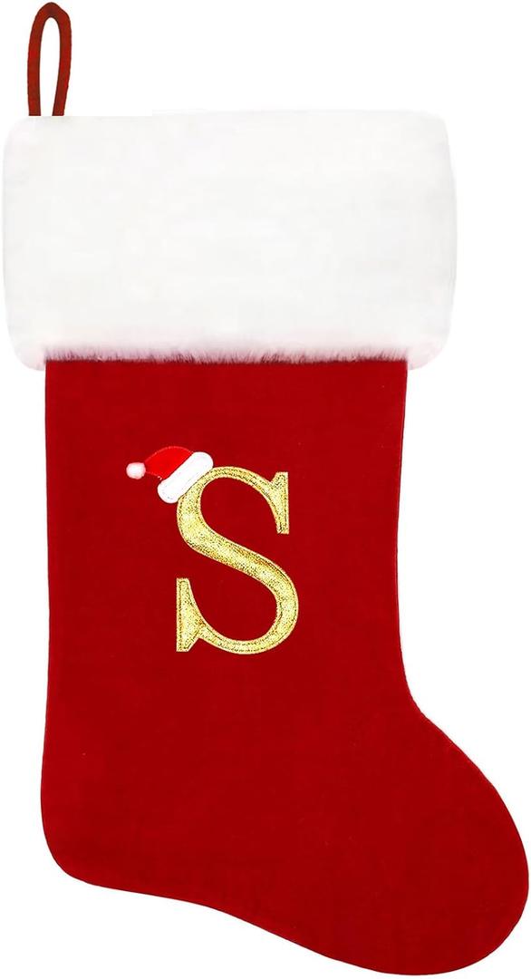 20 Inches Monogram Christmas Stockings Red Velvet with White Super Soft Plush Cuff Embroidered Xmas Stockings Classic Personalized Stocking Decorations for Family Holiday Season Decor (Letter S)