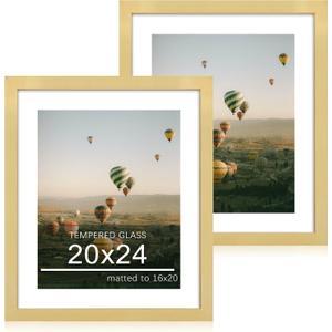 20x24 Picture Frame Set of 2, 20 x 24 Wood Poster Frames with Mat for 16x20, Wooden Photo Frames with Tempered Glass Cover for Wall Display, Gold