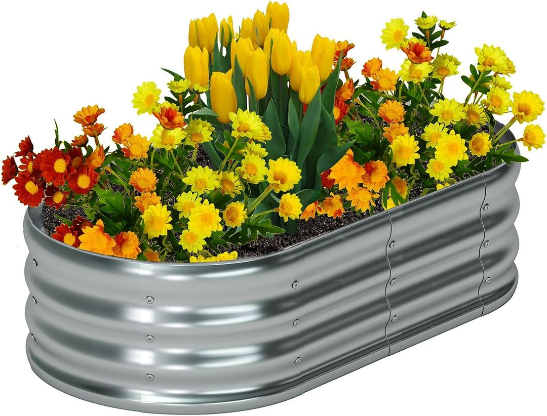 Zizin 1 Pack Galvanized Raised Garden Bed Metal Oval Raised Garden Beds Outdoor Planter Box for Vegetables (4x2x1.3FT, Silver)