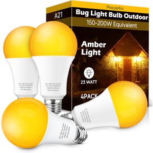 Bug Light Bulbs Outdoor: A21 23W Amber Yellow Light Bulb, 150W-200W Equivalent, 2000K LED Light Bulbs E26, Bug Light Bulb for Outside Porch, Garage, Non-Dimmable, 4 Pack