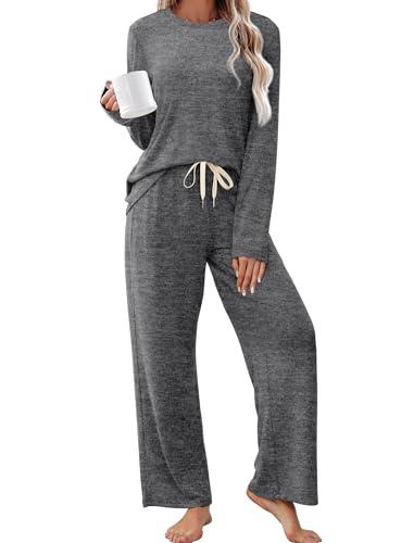 Sampeel Womens Pajama Sets Long Sleeve Fall Cute Pjs Lounge Sets Two Piece Outfits Winter Clothing 2025 Sleepwear Comfy Flannel Pajamas, Dark Gray, Large Size