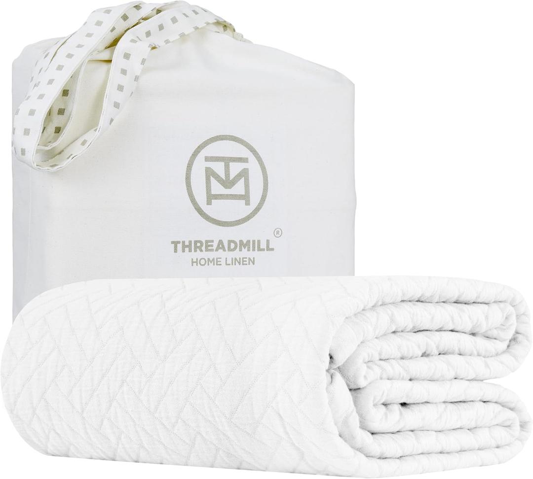 Threadmill Luxury Cotton Blankets for King Size Bed | All-Season Cozy 100% Cotton Blanket | Criss Cross Jacquard Soft & Lightweight Coverlet fits California King Size Bed, 104x92 | White (King / Cal King, Classic White)