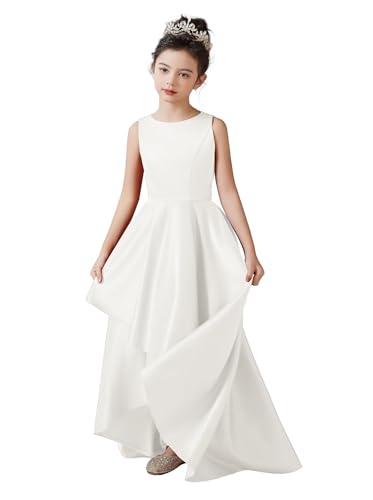 White Quinceanera Dresses Ivory Satin Hi-Lo Dress for Teens Homecoming Dress Sleeveless Prom Ball Gowns Girls Formal Dress, 14