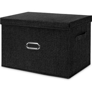 Large Linen Fabric Foldable Storage Bins with Removable Lid and Handles, Washable Storage Box Organizer Containers Baskets Cube with Cover for Bedroom,Office(Black, Small)