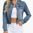 andy & natalie Women's Denim Jackets Cropped Long Sleeve Basic Button Down Crop Jean Shacket with Pockets Size XS