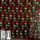 echosari Red White and Green Christmas Curtain Lights Battery Operated, 300 LED Fairy Curtain Lights 9.8Ft x 9.8Ft Hanging Lights with Remote Timer for Party Holiday Garden Yard Decor