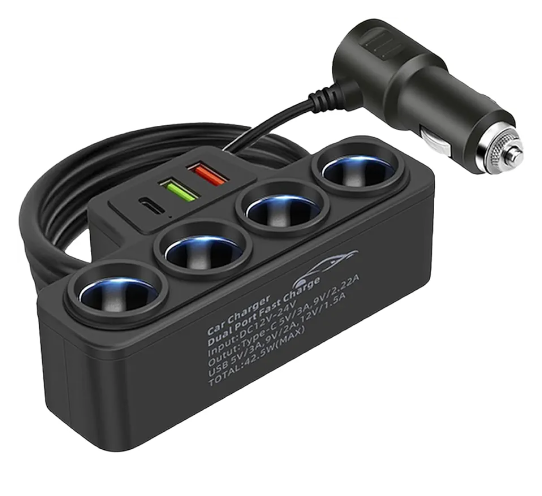Multi-Function Cigarette Lighter Splitter, Cell Phone Charger, Car Charger, 4 Cigarette Lighter Sockets, 1 PD Fast Charger Port 2-Port USB Power Adapter for Cell Phones, car Charger Adapter