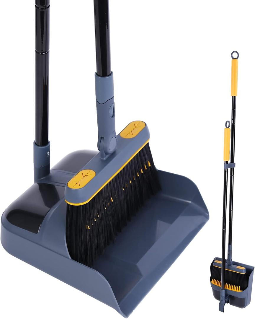 JEHONN Broom and Dustpan Set for Home, 54 Inches Long Handle Lightweight 180 Degree Rotating Indoor Upright Standing Dust Pan with Comb Teeth, Store Sweep Set for Room Kitchen Lobby Office (Dark Blue and Yellow)