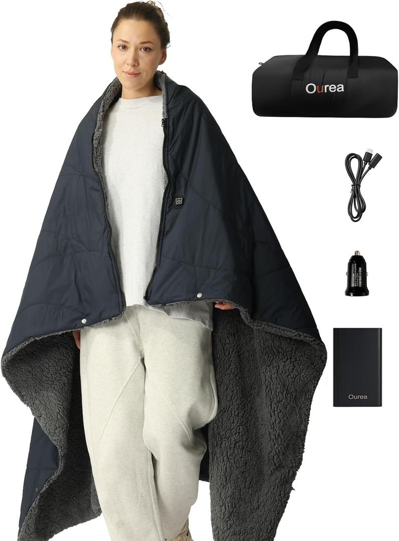 Ourea Battery Operated Heated Blanket for Outdoor Use-Rechargeable 12v Cordless Heated Blanket with 3 Heating Levels, Includes 20000mAh Power Bank, Portable for Camping, Car, Stadium, Indigo