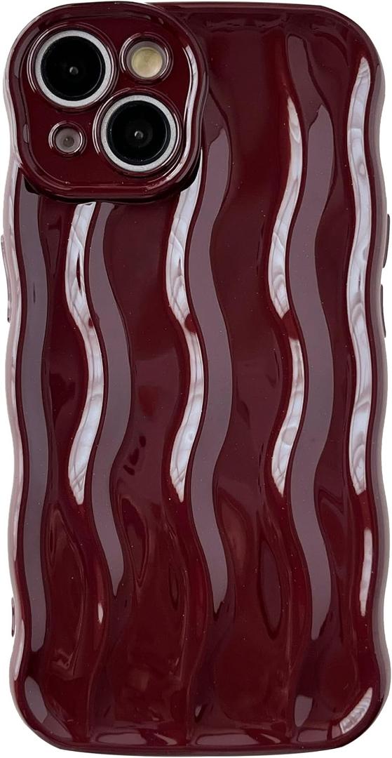 Caseative for iPhone 15 Case,Water Ripple Pattern Curly Wave Frame Soft Phone Case (Wine Red)