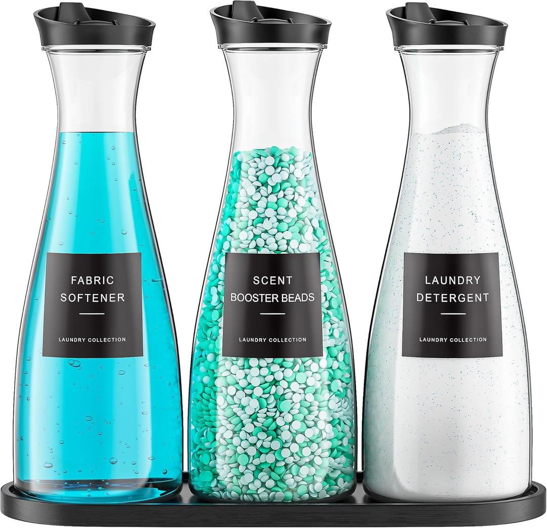 3 Pack Laundry Detergent Dispenser Container with Tray, 54OZ Liquid Laundry Soap Dispenser with 12 Labels, Black Laundry Room Organization for Powder, and Fabric Softener