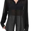 Arssm Women Sheer Button Up Blouse Mesh Long Sleeve Sexy See Through Tops Fashion Trendy Mesh Shirts Tops ,S