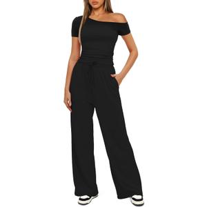Darong Women's 2 Piece Outfits Lounge Sets Off Shoulder Short Sleeve Tops and High Waisted Wide Leg Pants Tracksuit Sets (Large, Black(31" Inseam))