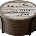 Absorbent Coasters for Drinks with Holder, Set of 6 Farmhouse Coasters, Silicone Coaster with Soft Felt Insert, Round, Housewarming Gifts (4.3 inch Coasters with 4.5 inch Holder, Farmhouse Style-02)