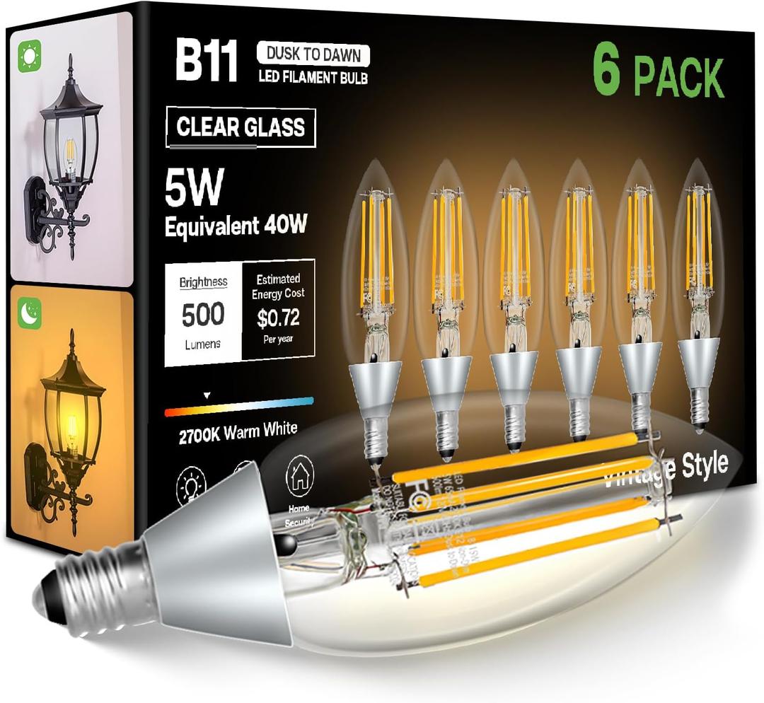 Dusk to Dawn Outdoor LED Light Bulb, 5W Equivalent 40W, Candelabra B11 Light Bulb, 2700K Soft White, Edison LED Bulbs E12 Base, Lighting Sensor, Auto On/Off for Porch Patio Garage, 6 Pack