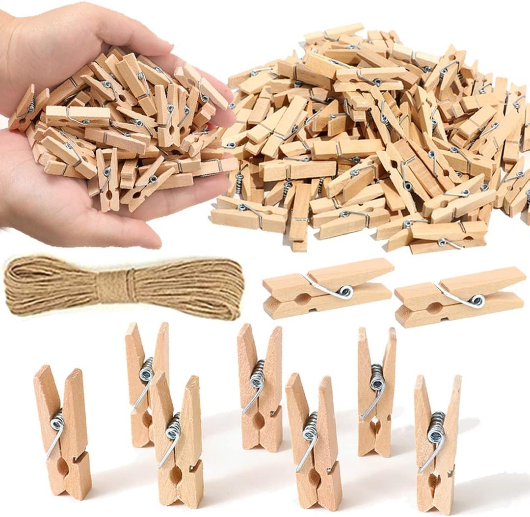 1.35 Inch Mini ClothesPins for Photo【100 Pcs】 with 32 Feet Jute Twine，Mini Clothes Pins for Crafts, Wooden Small Clothes Pins for Pictures, Tiny Decorative Clothespins for Baby Shower(Natural Color)