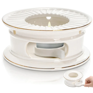Ceramic Teapot Warmer, Gold Rim Teapot Heater with Tealight Holder, White Porcelain Tea Kettle Holder Warming Base for Heating Coffee, Milk, Water, Soup