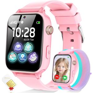 4G Kids Smart Watch GPS Tracker, Smartwatch for Kid with SIM Card, Calling, Voice Chat, Class Mode, SOS, Pedometer, Alarm, Games, HD Touch Screen Phone Watch Gift for 4-12 Girls Boys, Light Pink