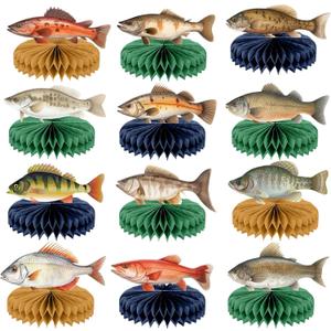 12PCS Fishing Birthday Party Decorations Gone Fishing Honeycomb Table Centerpiece Little Fisherman Birthday Party Table Topper for Ofishally One Birthday Fishing Tournament Retirement Party Supplies