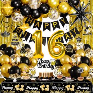 Black and Gold 16th Birthday Decorations for Boys Girls, Gold Party Decorations include Happy Birthday Banner, Tablecloth, Fringe Curtains, Star Foil Balloons for 16th Birthday Decorations