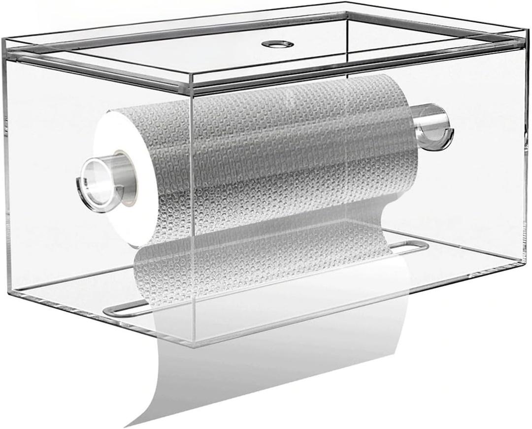 Kitchen Paper Towel Holder with Lid Wall Mount Acrylic Hanging Paper Towel Dispenser and Storage Box for Bathroom with Shelf, Prevent from Water and Dust, Clear