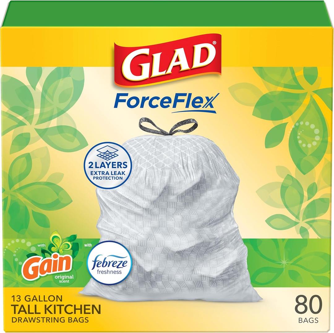 Glad ForceFlex Tall Kitchen Garbage Bags, 13 Gal, Gain Original with Febreze, 80 Ct