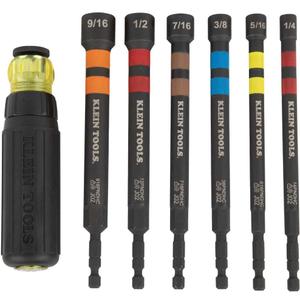 Klein Tools 32950 Ratcheting Impact Rated Hollow Power Nut Driver Set with Handle, Magnetic, Color Coded, 6 SAE Hex Sizes and Handle Included