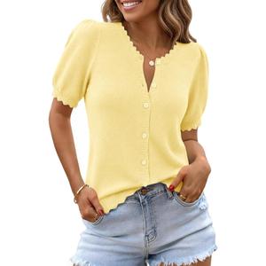 Saodimallsu Women's Puff Short Sleeve Cardigans Lightweight Button Down Shirts Crew Neck Casual Knit Sweater Tops (Medium, Yellow)