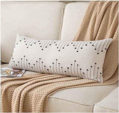 Boho Lumbar Pillow Cover 14x36 Long Pack of 1 Decorative Pillows Bed, Beige with Black Body Throw Pillow Covers, for Modern Farmhouse Sofa Bedroom Living Room Home Decor Couch Pillowcase