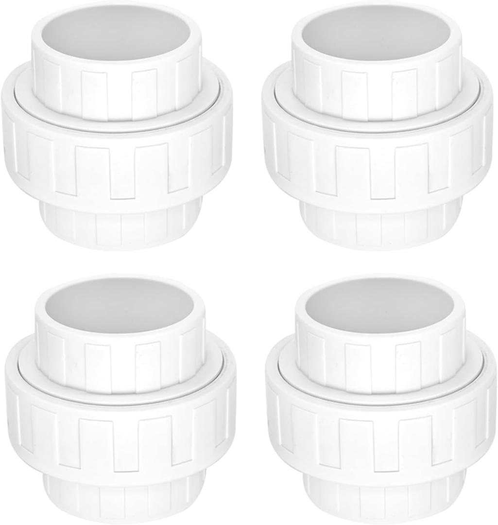 4 Pack 1-1/2" PVC Union Coupling Pipe Fitting (Socket x Socket), 1-1/2 inch PVC Slip Union Adapter Coupling Schedule 40, EPDM O-Ring, White SCH 40