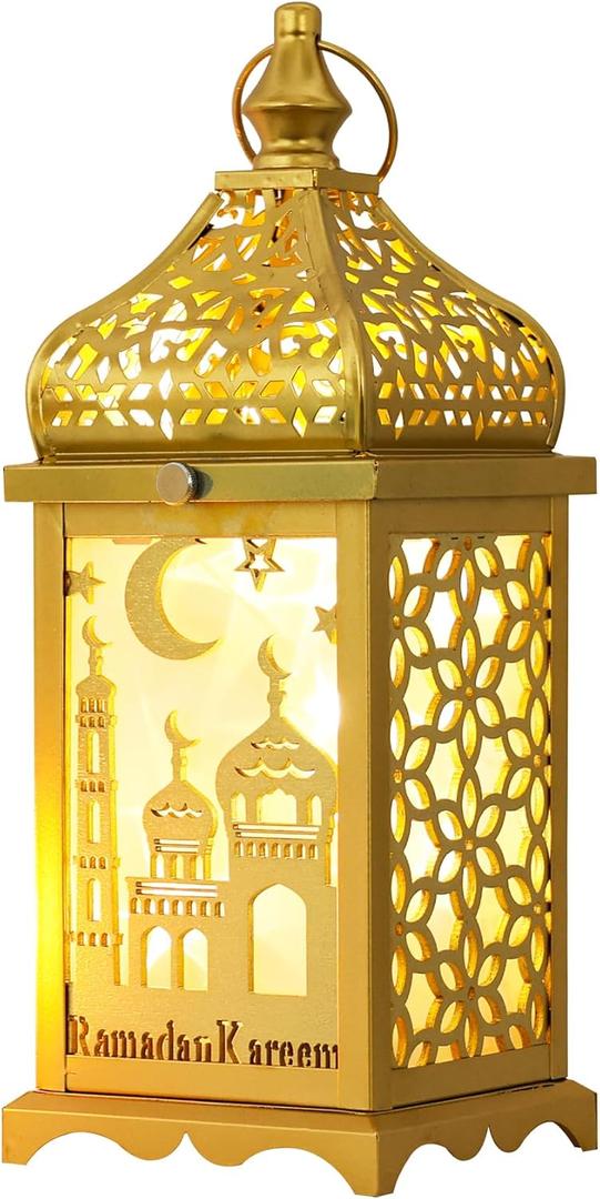 DECORKEY Ramadan Decorations for Home, 14'' Decorative Candle Lantern for Tabletop Mantel Decor, Vintage Metal Lantern Candle Holders for Indoor Outdoor Decor, EID Mubarak Gift (1 Pc Gold)