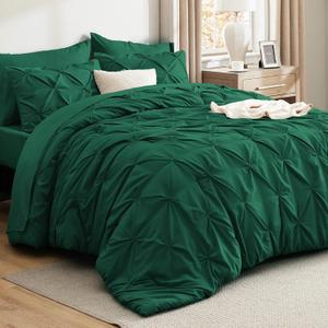 Bedsure Queen Comforter Set Dark Green - Bed in a Bag Queen Size Bedding 7 Pieces, GentleSoft Pintuck Bed Set Gift for Family, Pinch Pleat All Season Comforter with Sheets, Pillowcases & Shams