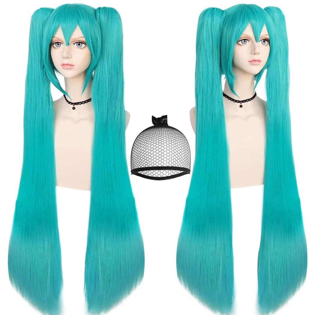 ANOGOL Hair Cap+48inch/120cm Green Wig Cosplay Green Teal wig Double Ponytail Wig, Long Green Lolita Wig For Halloween Costume, Long Green Wig With Bangs Straight wig For Halloween Party Cosplay Wig