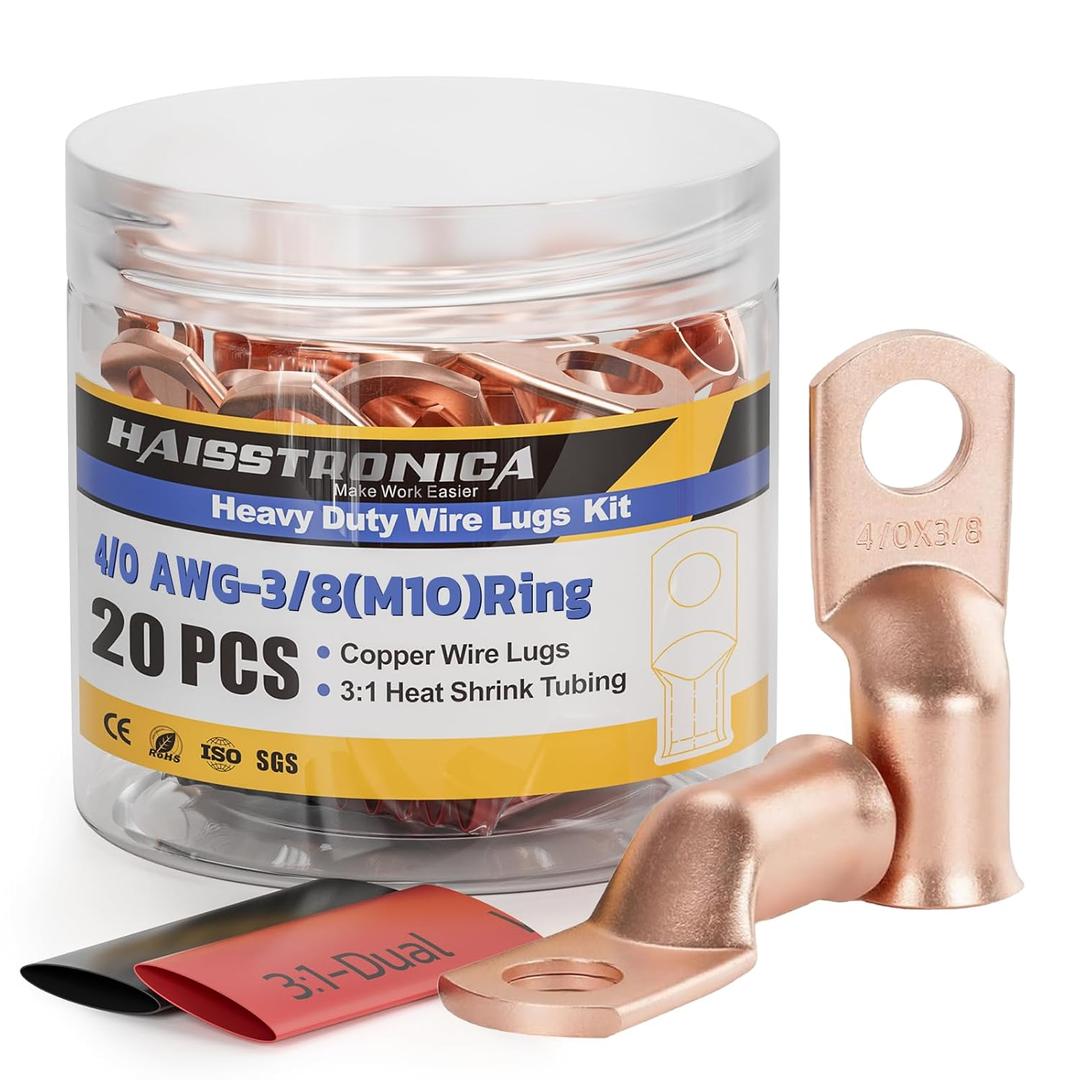 haisstronica 10pcs 4/0 AWG - 3/8"(M10) Battery Cable Lugs, Heavy Duty Copper Wire Lugs with 10pcs 3:1 Adhesive Heat Shrink Tubing, 0000 Gauge Wire Lugs, Battery Terminal Connector, Battery Cable Ends