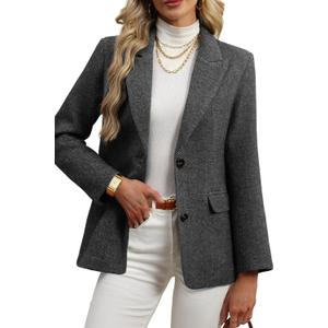 ELLEVEN Womens Wool Blend Tweed Warm Blazers Herringbone Business Casual Fall Winter Oversize Suit Jacket Small