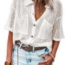 Fisoew Womens Crochet Lightweight Cardigan Sweaters Short Sleeve Summer Button Down Collared Loose Cover Up Shirts (Small, White)