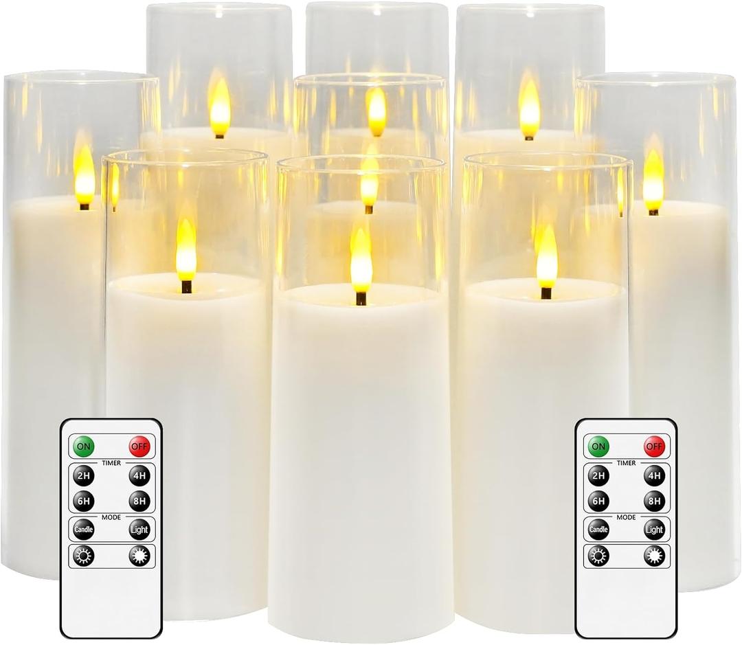 Flickering Flameless Candles Battery Operated with Remote and 2/4/6/8 H Timer Acrylic Led Pillar Candles Pack of 9 (appr D2.3"xH5.5"6.5"7.5")with Realistic 3D Wick Candles for Home Decor(White)