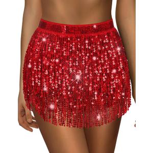 Sequin Skirt Sparkly Skirt Belly Dance Skirt Glitter Skirt Rave Sparkle Skirt Sequin Tassel Skirt Fringe Hip Scarf Women (Red)