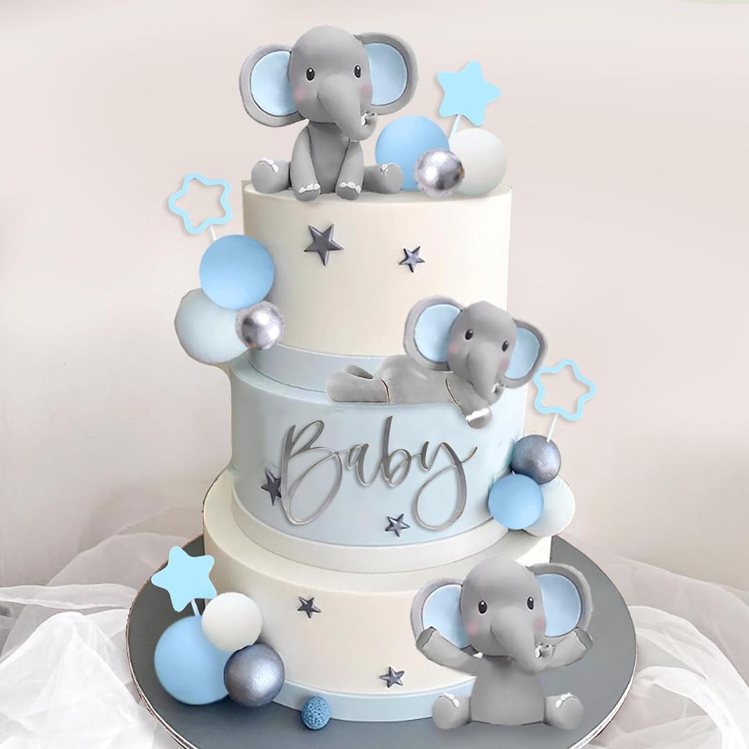 DRWATE 32 Pcs Elephant Cake Decoration with Mini Elephant Blue White Pearl Balls for Baby Shower Boy Elephant Theme Birthday Party Supplies (BLUE)
