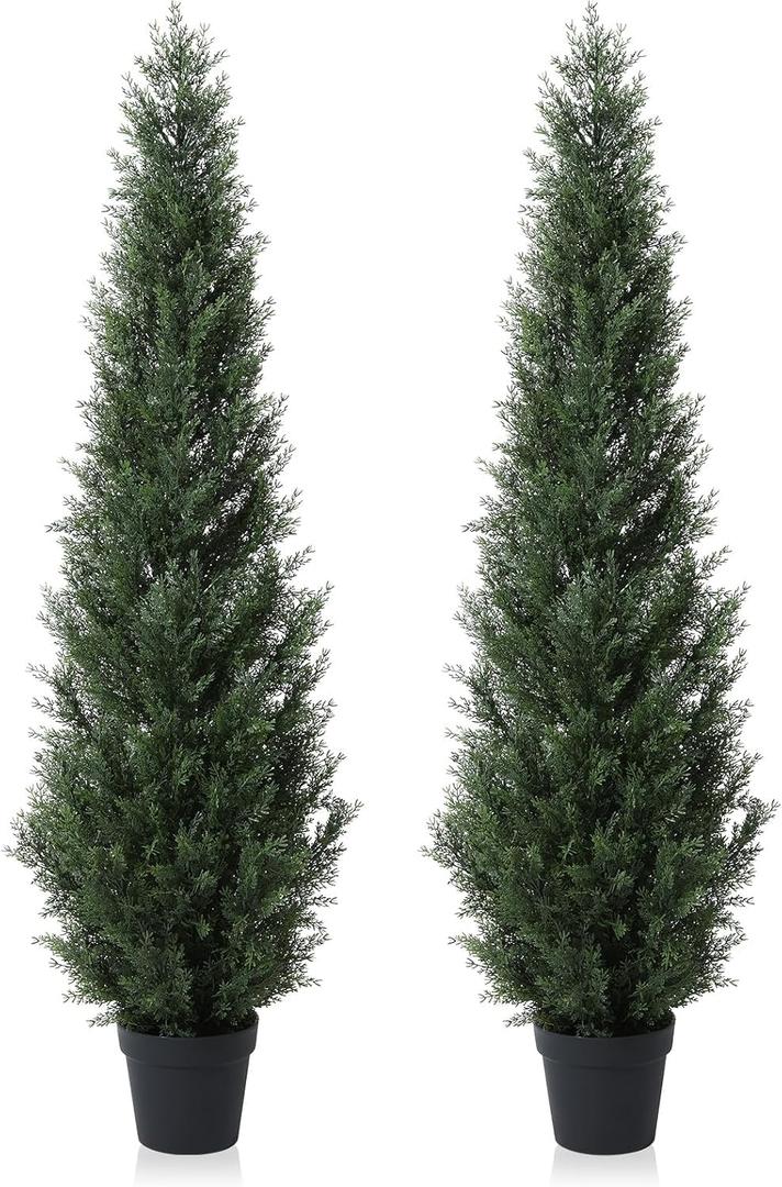 6 Feet Pre-Potted Evergreen Outdoor Artificial Cedar Tree for Front Porch Decor, Outdoor Entryway Decor Fake Tree, Tall Faux Tree with UV Resistant Coating (2 Pack)
