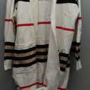 ebossy Women's Vintage Open Front Knit Striped Maxi Long Cardigan Sweater with Pockets (White, 2XL)