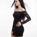 Women's Lace Long Sleeve Mini Dress Y2K Sexy Off The Shoulder Bodycon Night Out Birthday Party Dresses (Black, M)