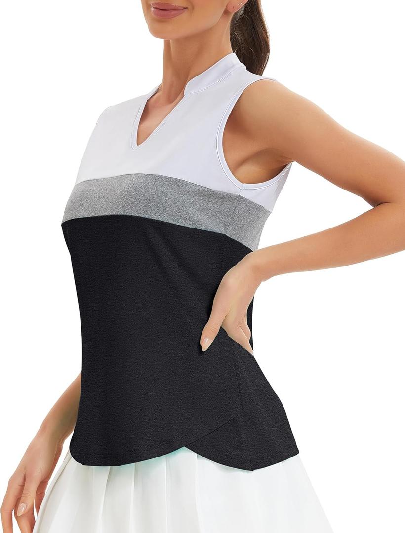 Womens Golf Shirt V Neck Sleeveless Polo Shirts Athletic Tennis Tank Tops Moisture Wicking Lightweight Sports Top (Large, Z_white_ Light Gray_ Black)