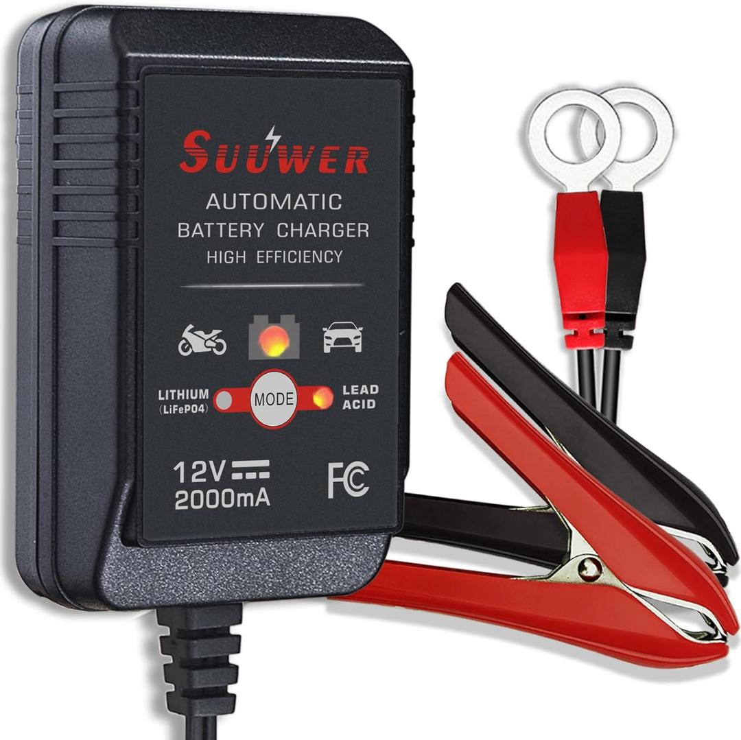 2-Amp Automatic Trickle Battery Charger, 12 Volt Lead-Acid or Lithium (LiFePO4) Smart Battery Maintainer for Car, Motorcycle, ATV, Boat, Lawn Mower and More