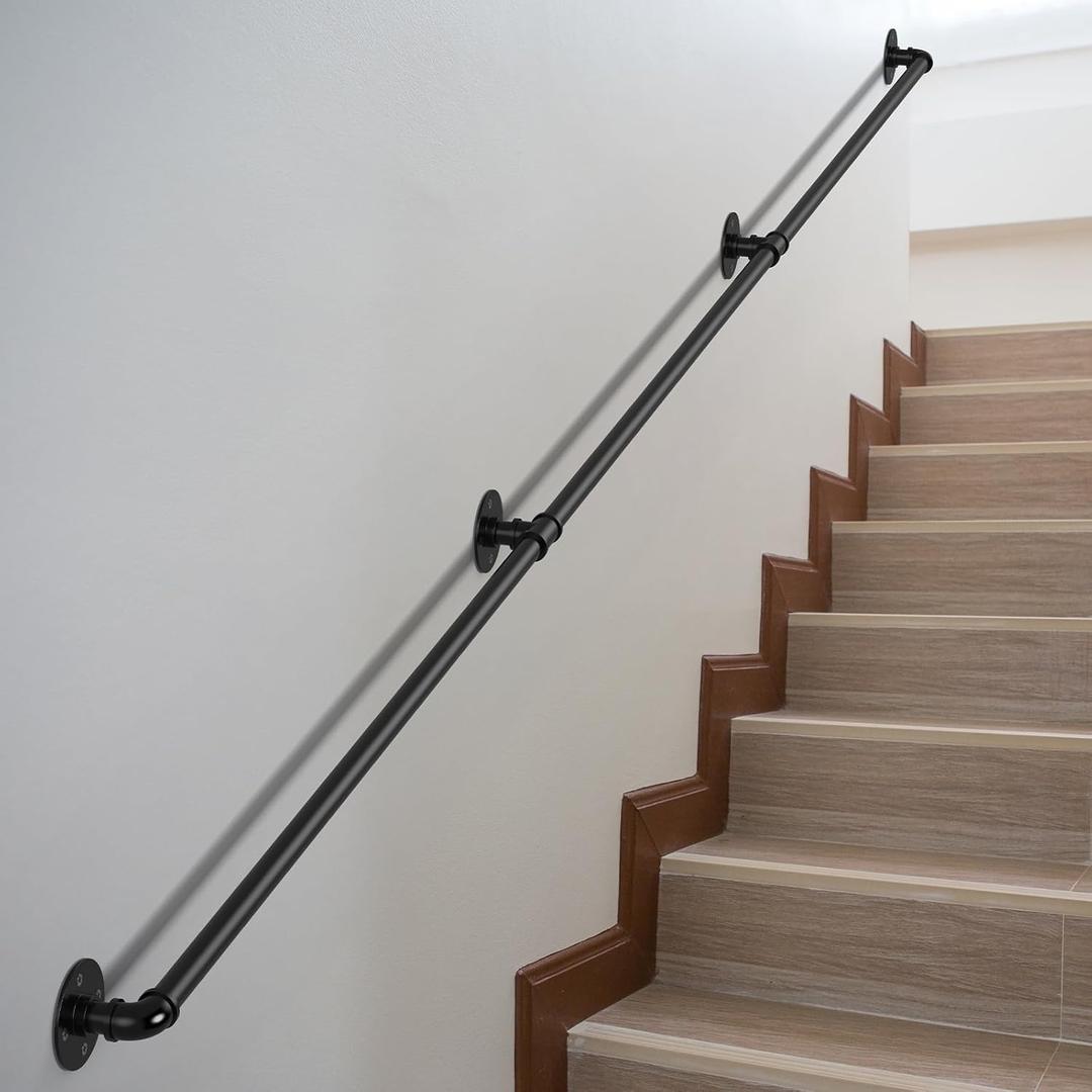DAMEING Stair Railing 10FT Metal Staircase Handrail for Outdoor Steps, Black Galvanized Industrial Iron Pipe Hand Rail for Indoor Porch Stairs Wall Mount for Elderly Safety