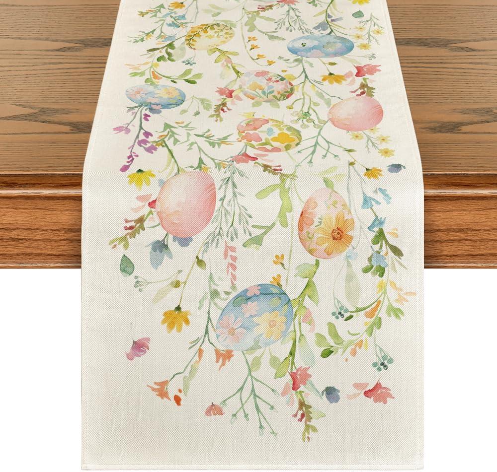 Artoid Mode Wild Flowers Eggs Easter Table Runner,Seasonal Spring Floral Kitchen Dining Table Decoration for Home Party Decor 13x90 Inch (Beige)